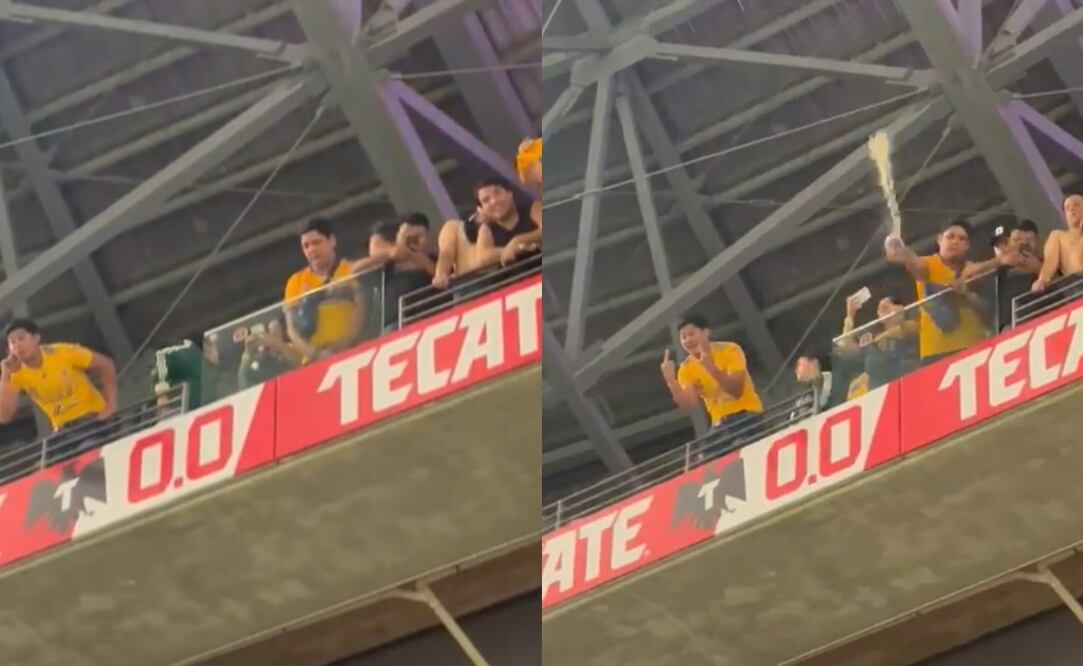 Aficionado de Tigres orinando en un vaso y aventándolo a afición de Rayados en el BBVA / FOTOS: Capturas