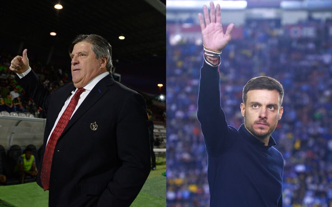 Miguel Herrera levantando su pulgar, durante un partido de la Liga MX y Martín Anselmi saludando en el Estadio Ciudad de los Deportes - Fotos: Imago7