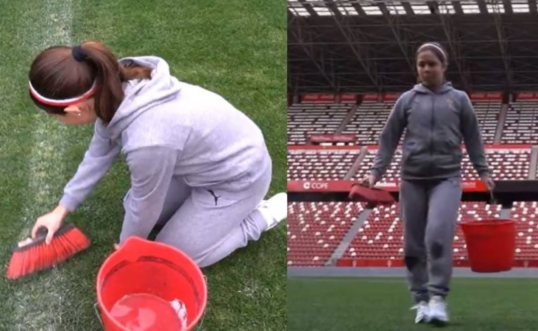 En el video del Sporting de Gijón una mujer barre y limpia la cancha por el Día de la Mujer. Foto: Especial