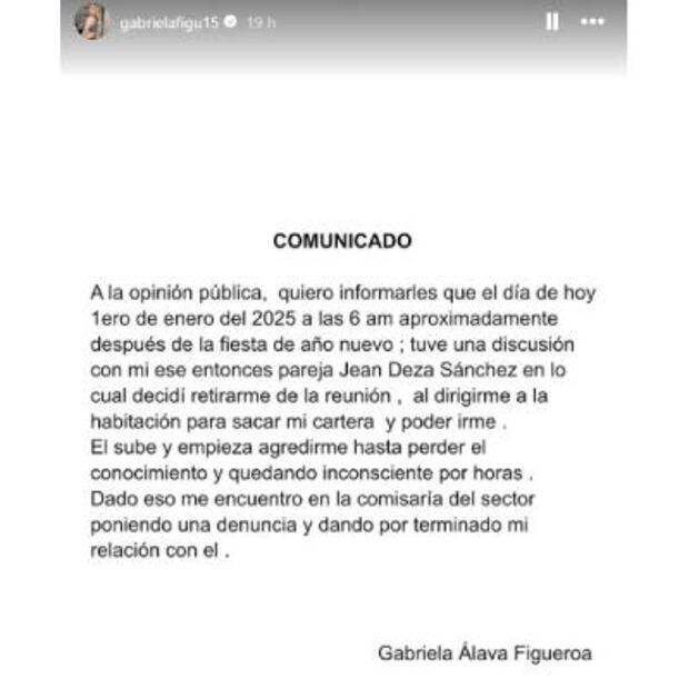 Este fue el mensaje compartido por la pareja del futbolista Jean Deza. FOTO: Captura