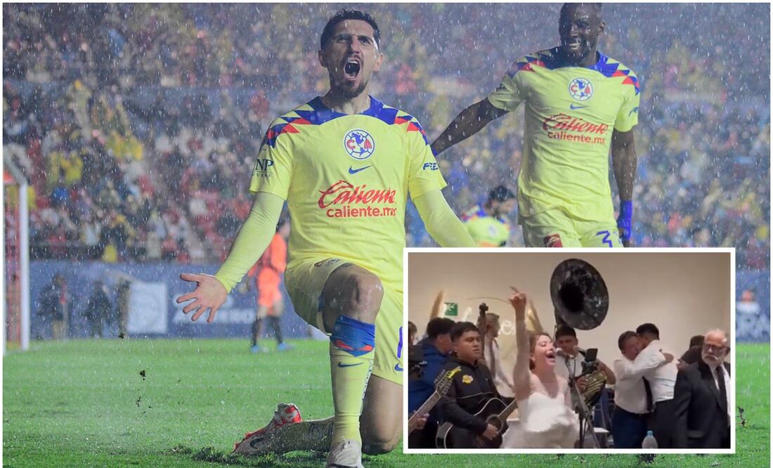 Diego Valdés celebrando gol con el América y novia gritando en su boda / FOTOS: Imago7 y Captura