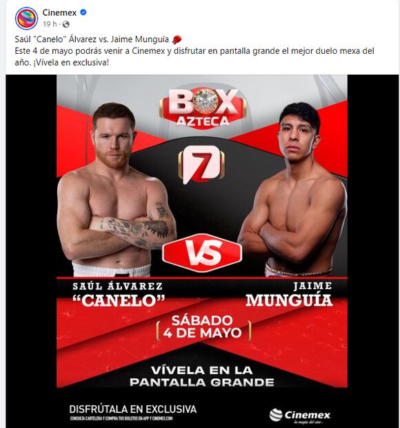 Canelo Álvarez y Jaime Munguía se transmitirá en el cine