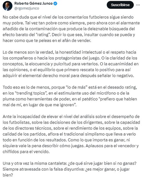 Esta fue la crítica que realizó en redes sociales Roberto Gómez Junco. Foto: Especial