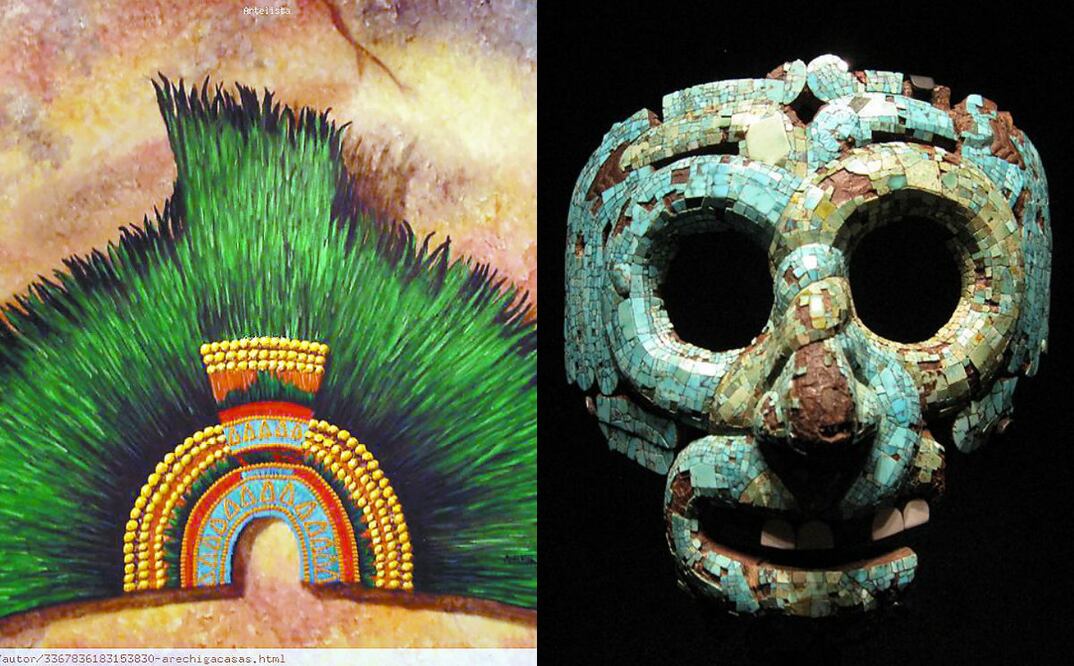 Imágenes: Penacho de Moctezuma/ Archivo El Universal y Máscara de Quetzalcóatl/ British Museum Mixte en Wikipedia.