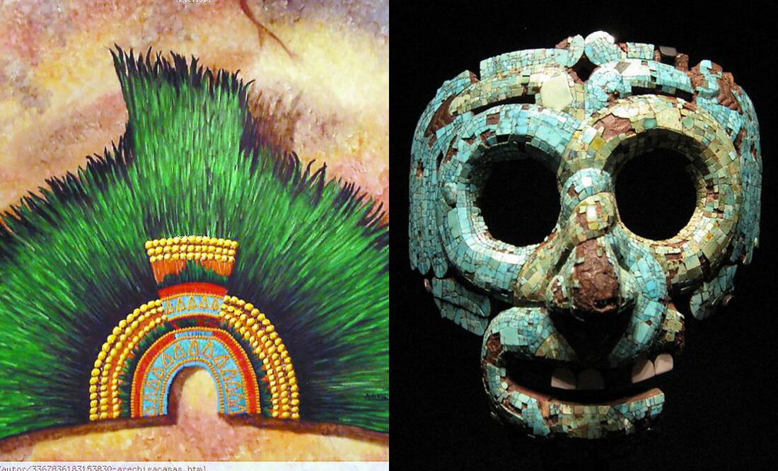 Imágenes: Penacho de Moctezuma/ Archivo El Universal y Máscara de Quetzalcóatl/ British Museum Mixte en Wikipedia.