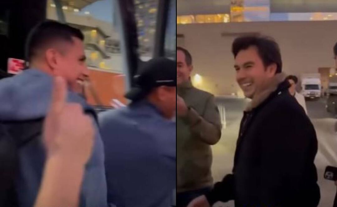 Checo Pérez bromea con los jugadores del América previo a un partido. FOTO: Capturas