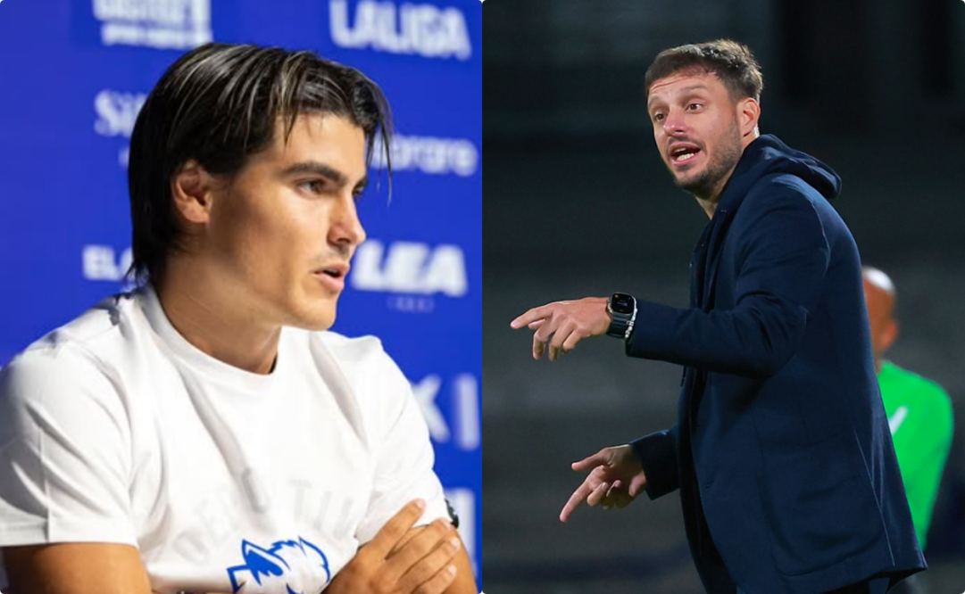 Luka Romero en conferencia de prensa y Martín Anselmi dirigiendo el primer partido de Cruz Azul en el Clausura 2025 - Fotos: @lukaromero10 en Instagram/Imago7