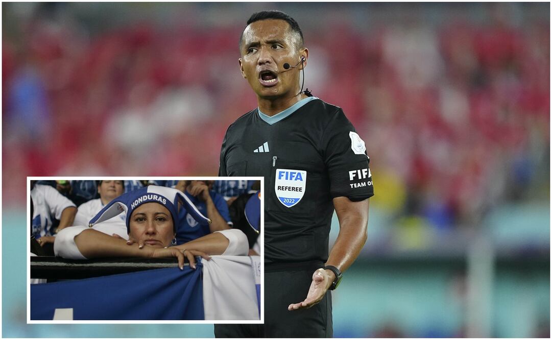 Iván Bartón pitando en Qatar 2022 y aficionada de Honduras / FOTO: Imago7 y AP