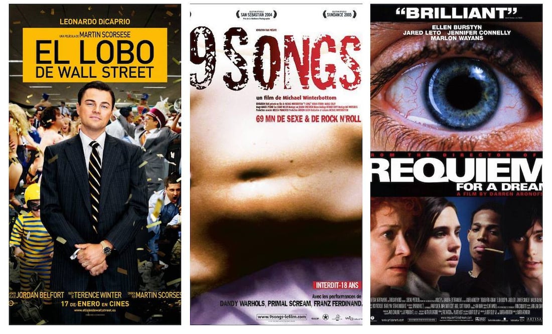 Carteles de las películas: "El Lobo de Wall Street", "9 songs" y "Requiem for a dream"