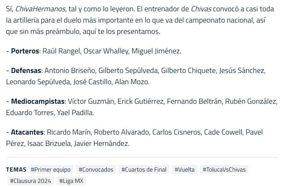 Estos son los convocados de Chivas para el juego de Vuelta ante Toluca. Foto: Especial