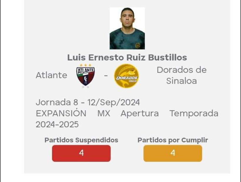 Cuatro partidos son los que estará fuera el jugador de Dorados. Foto: Especial.