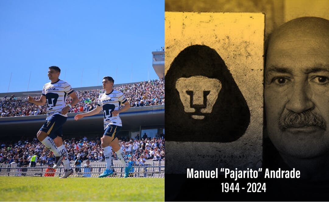 Jugadores de Pumas en la cancha del Estadio Olímpico Universitario y Manuel "Pajarito" Andrade - Fotos: Imago7/ @PumasMX en X