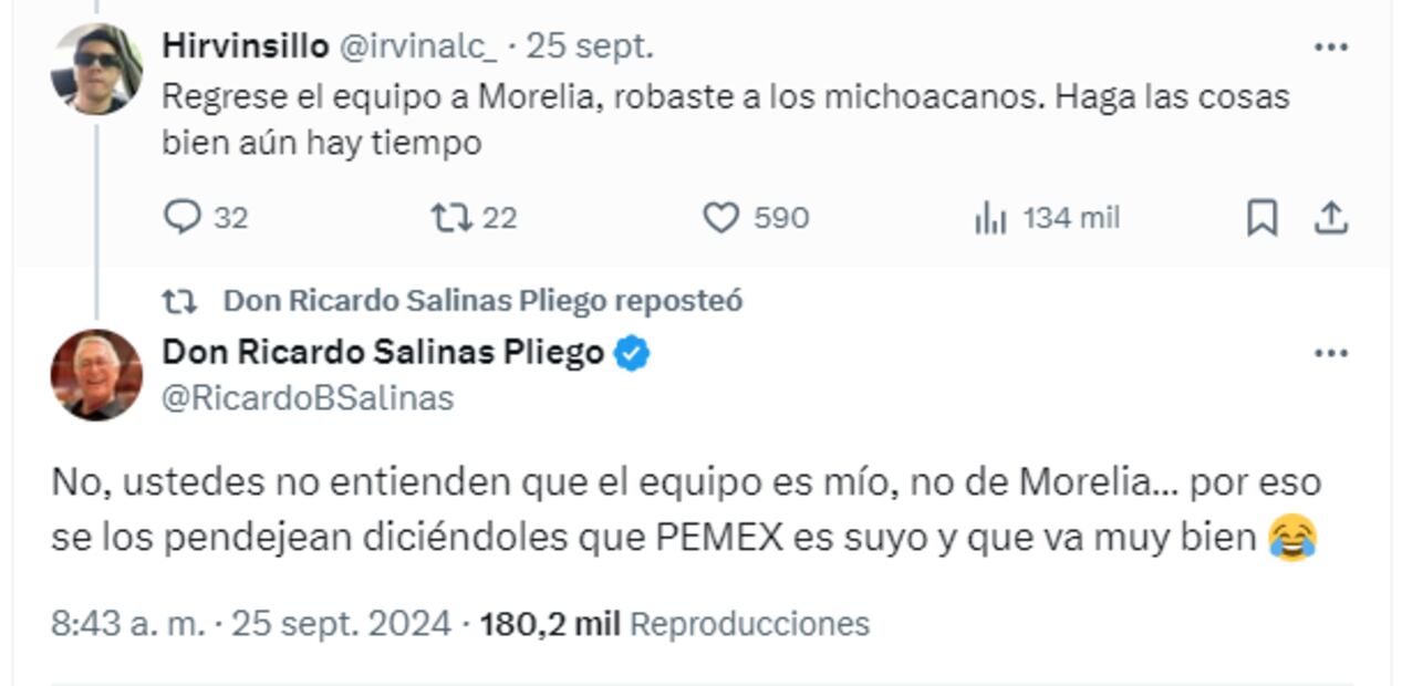 Salinas Pliego le respondió a un aficionado que lo atacó por llevarse a Monarcas de Morelia a Mazatlán. Foto: Especial