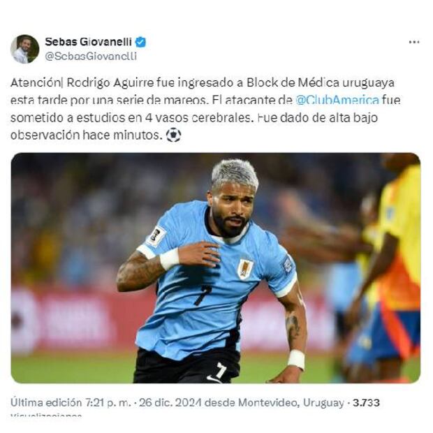Desde Uruguay reportaron que Rodrigo Aguirre fue hospitalizado de emergencia. Foto: Especial