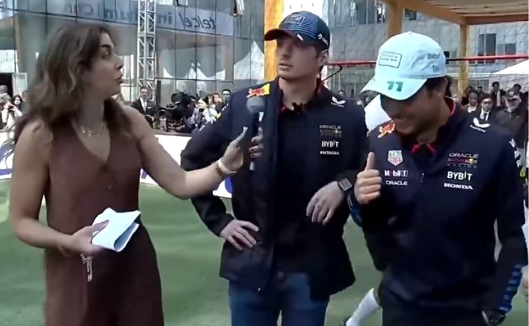 Max Verstappen albureó a Giselle Zarur; Checo Pérez no pudo contener las risas y le echó la culpa a Jorge Campos. Foto: Especial