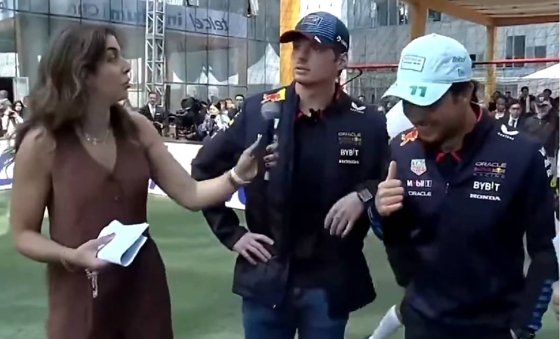 Max Verstappen albureó a Giselle Zarur; Checo Pérez no pudo contener las risas y le echó la culpa a Jorge Campos. Foto: Especial