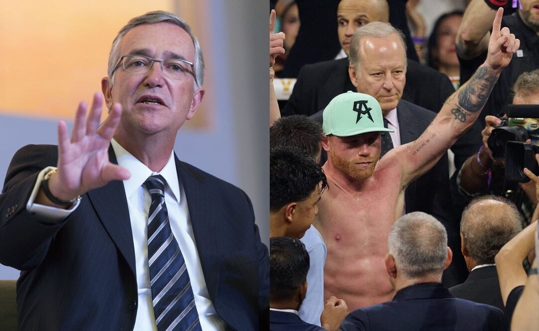 Ricardo Salinas molesto en una entrevista y Saúl 'Canelo' Álvarez tras ganarle a Jaime Munguía / FOTOS: Especial y AFP