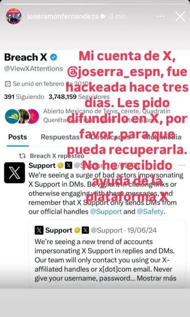 Joserra denunció que había sido víctima de hackers en su cuenta de X (antes Twitter). Foto: Especial