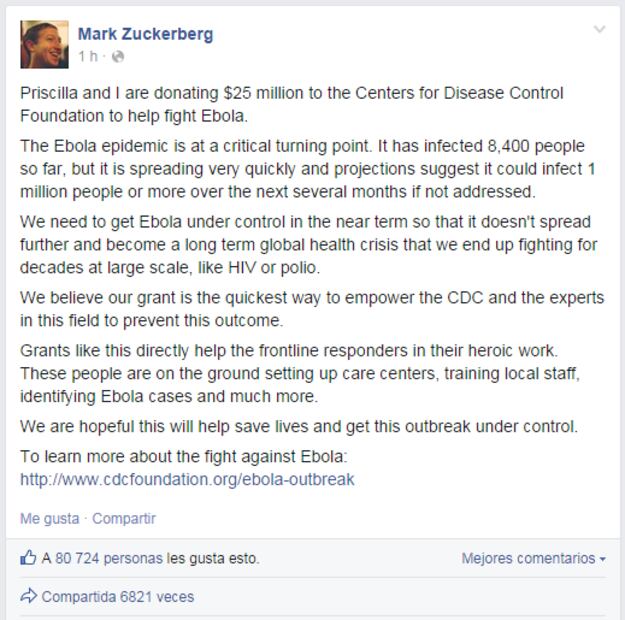Mark Zuckerberg dona 25 mdd para combatir Ébola