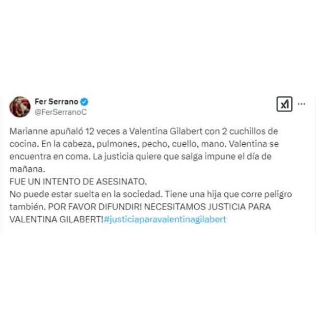 Fer Serrano pidió a las autoridades en redes sociales aplicar la justicia Marianne Gonzaga. Foto: Especial