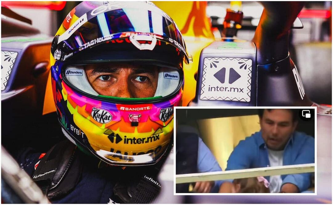 Sergio 'Checo' Pérez en su monoplaza chocado en el GP de México y asustado por su hija / FOTOS: AP y Captura