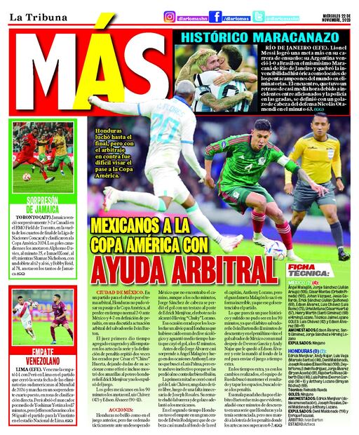 Las portadas hondureñas señalaron que el resultado en el Azteca fue un robo.