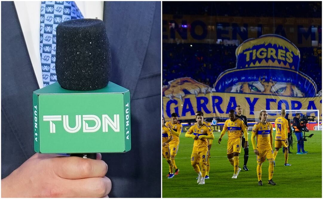 Micrófono TUDN y Jugadores de Tigres con afición de fondo / FOTOS: Especial y Twitter @clubtigresoficial