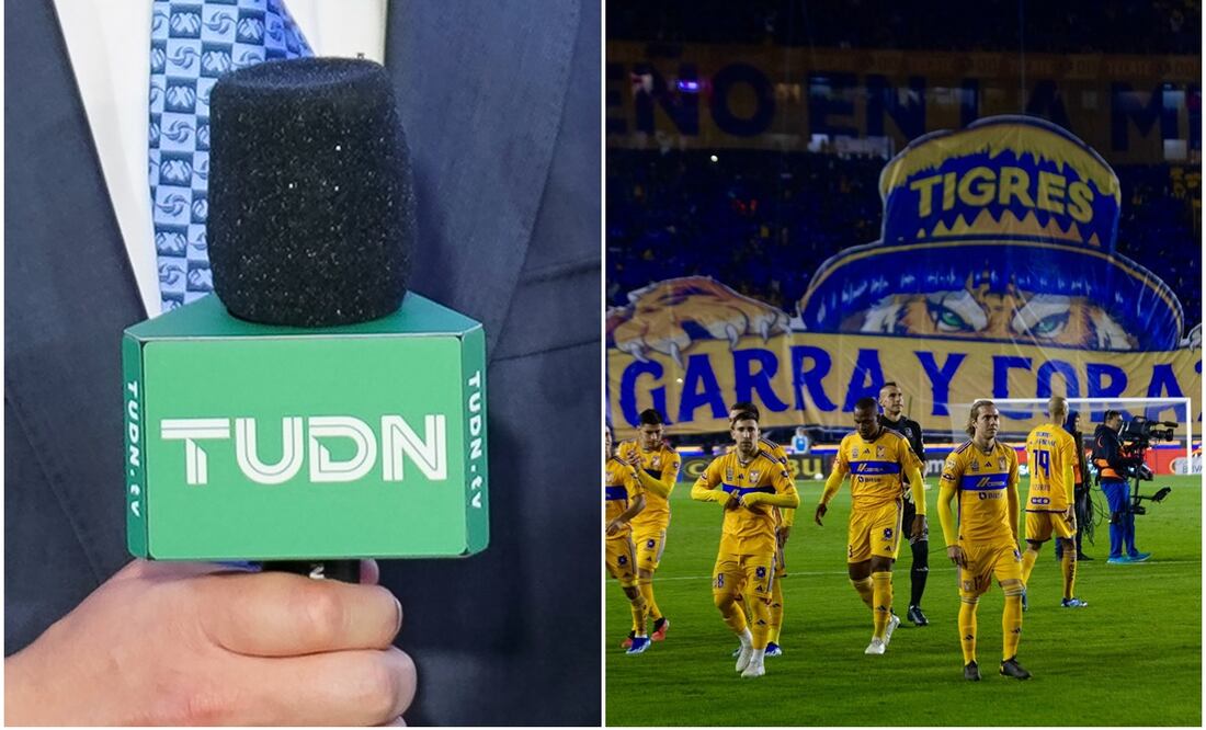 Micrófono TUDN y Jugadores de Tigres con afición de fondo / FOTOS: Especial y Twitter @clubtigresoficial
