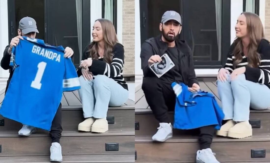 Eminem recibió la noticia de que será abuelo con un jersey de los Leones de Detroit. Foto: Especial