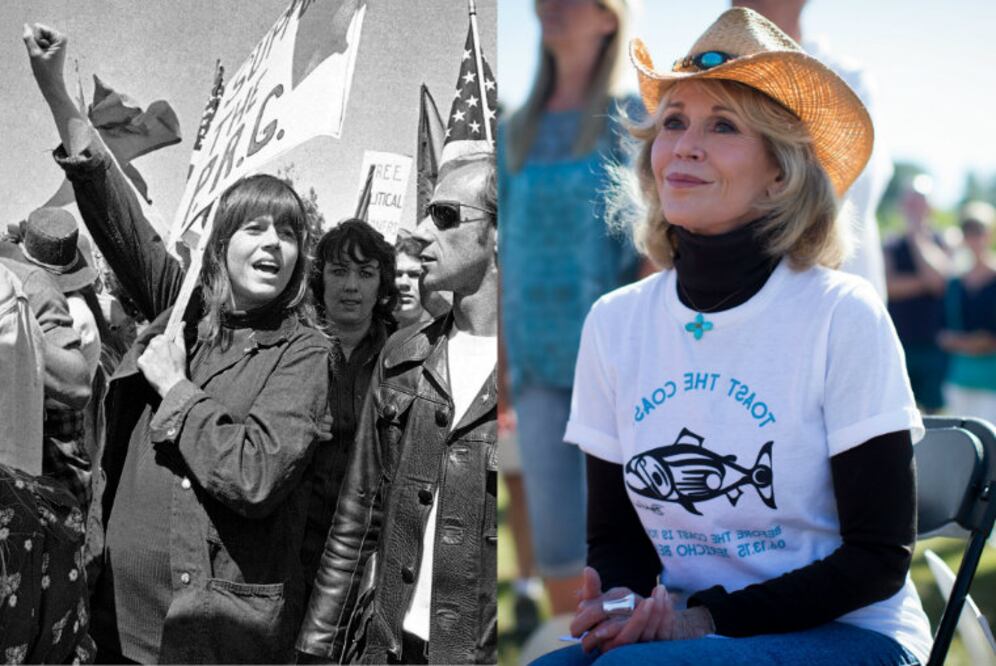En 1973, Jane Fonda protestó frente a la Casa Blanca contra la visita del presidente de Corea del Sur,  Nguyen Van Thieu. / En 2015, la actriz asistió a un meeting de Greenpeace. (Foto: AP Photo/Harold Filan/Darryl Dyck/The Canadian Press via AP)