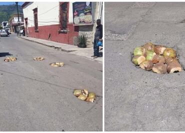¡Ni la NASA! Pobladores tapan los baches con ¡COCOS! en Nayarit