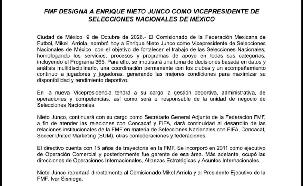 Comunicado de prensa FMF / Foto: Especiales