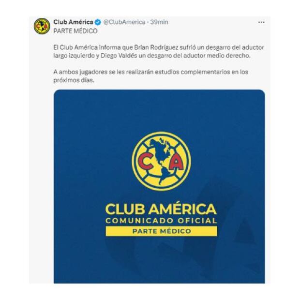 Con este comunicado, América informó de las bajas de Brian Rodríguez y Diego Valdés. Foto: Especial