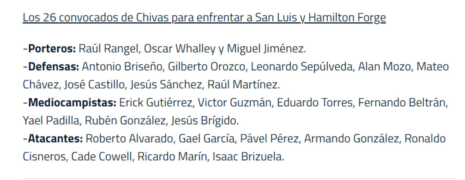 Esta es la lista de convocados de Chivas para los partidos ante Atlético de San Luis y Hamilton Forge. Foto: Especial