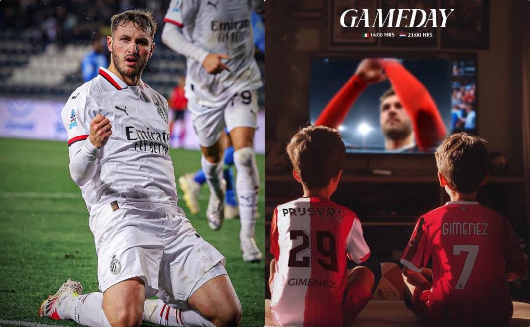 Santiago Giménez se enfrentará al Feyenoord, ahora con el jersey del AC Milan - Fotos: @sant.gimenez en Instagram y @Santgimenez_ en X