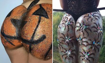 Arañas y calabazas brillantes en el trasero, la tendencia para Halloween