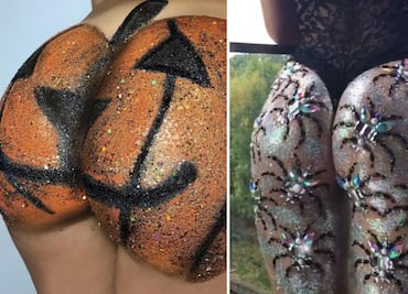Arañas y calabazas brillantes en el trasero, la tendencia para Halloween