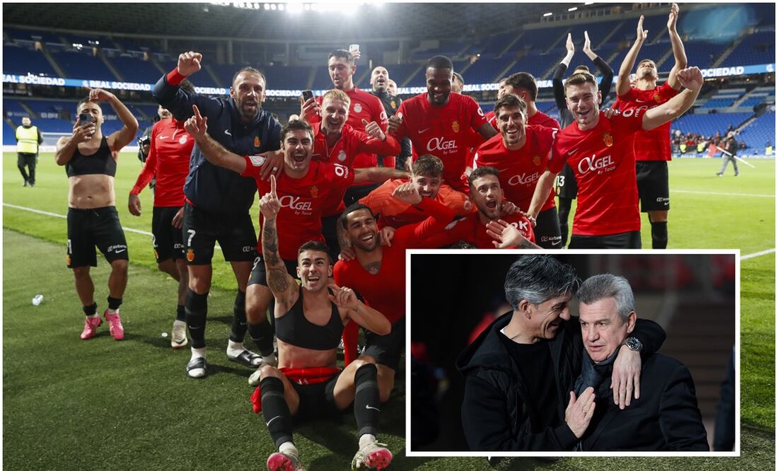 Jugadores del Mallorca celebrando el pase a la Final de Copa del Rey y Javier Aguirre / FOTOS: EFE y AFP