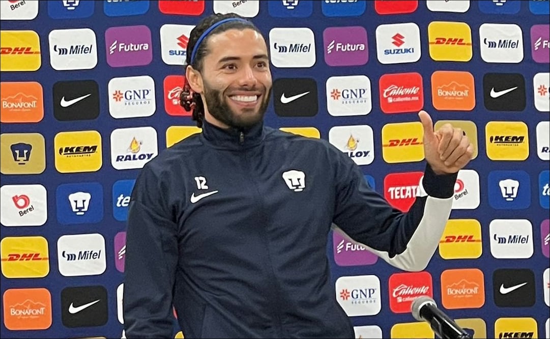César Huerta, durante la conferencia de prensa de Pumas previo al duelo vs Cruz Azul. Foto: Miguel Flores /EL UNIVERSAL