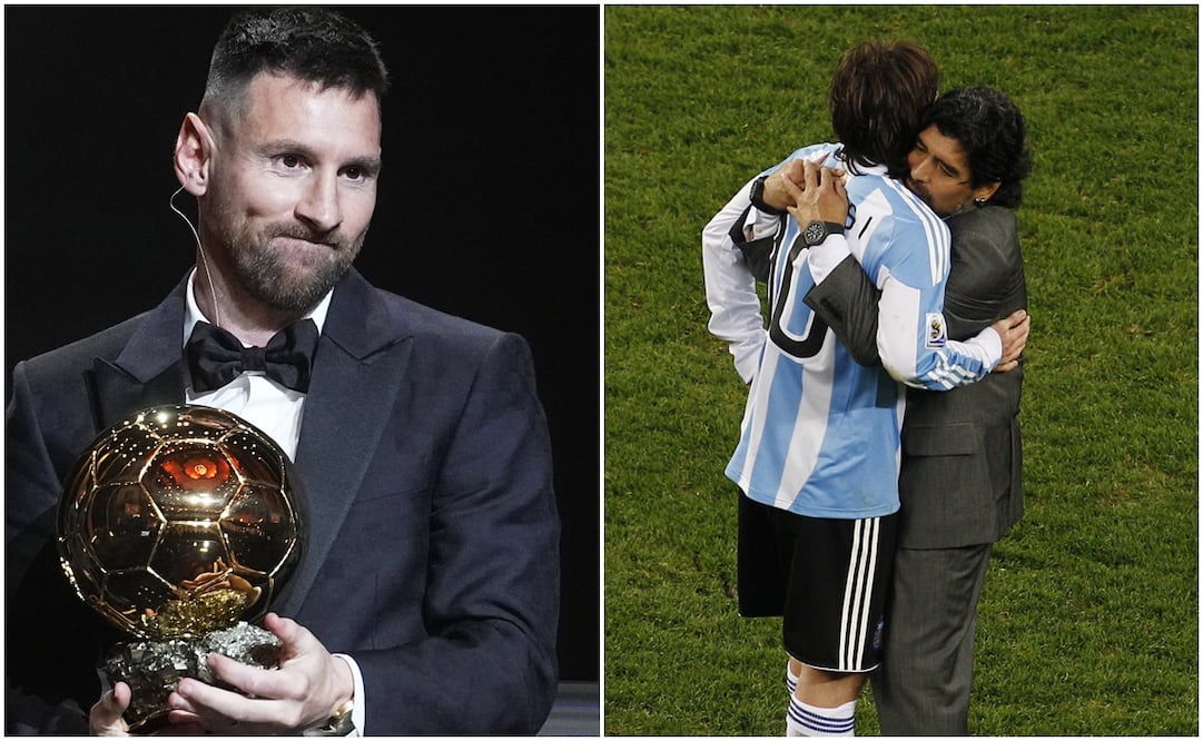 Messi con el Balón de Oro y Maradona abrazando a Leo / FOTOS: AP