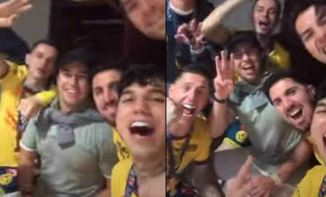 Sergio Pérez bajó a los vestidores del BBVA para festejar con los jugadores del América. FOTO: Capturas