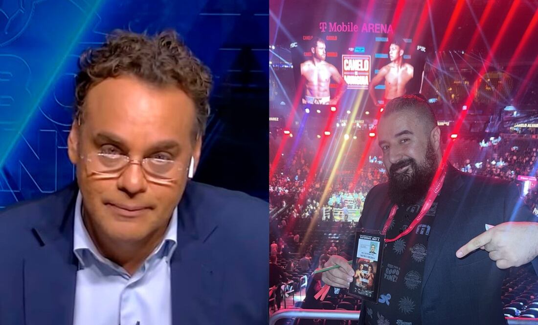 David Faitelson enojado en ESPN y Álvaro Morales en la pelea entre Canelo y Jaime Munguía / FOTOS: Captura y Twitter @AlvaritoMorales