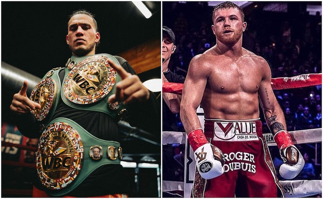 David Benavidez con sus cinturones en 168 libras y 'Canelo' Álvarez en una pelea / FOTO: Instagram @caneloteam y @benavidez300