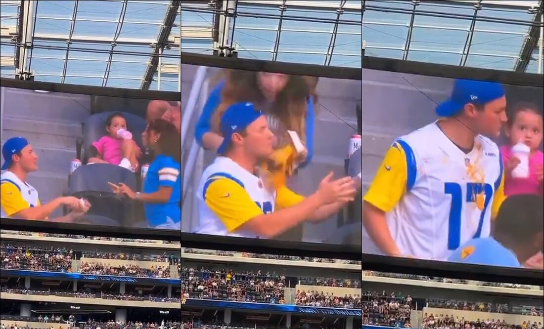 El aficionado de los Rams fue rechazado al dar el anillo y recibió un baño de botana. FOTO: Capturas