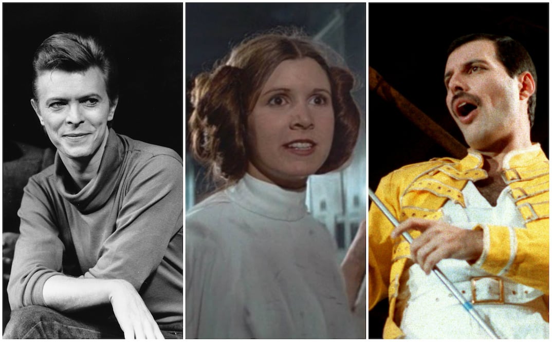 Fotos: David Bowie AP Photo/Marty Lederhandler, Carrie Fisher Lucasfilm y Freddie Mercury AP Photo/Marco Arndt