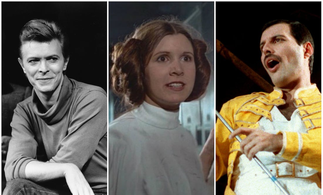 Fotos: David Bowie AP Photo/Marty Lederhandler, Carrie Fisher Lucasfilm y Freddie Mercury AP Photo/Marco Arndt