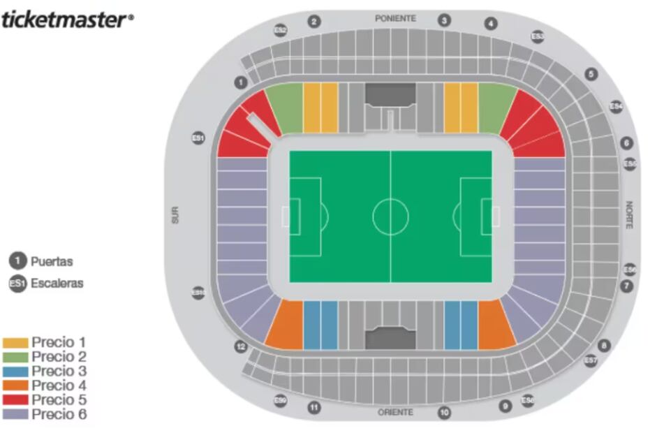 Así está distribuida la parte baja del estadio BBVA. FOTO: Ticketmaster.com