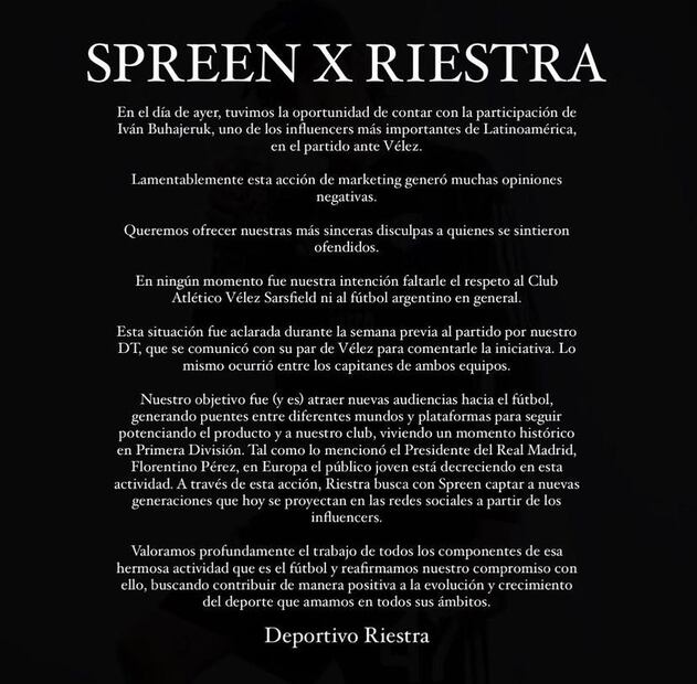 La controvertida inclusión de Spreen en Deportivo Riestra genera críticas y será investigada. Fuente: Instagram @prensariestra