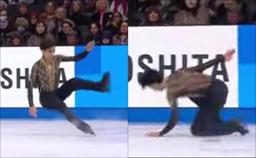 Donovan Carrillo sufrió una dura caída durante su presentación en el Mundial de Patinaje Artístico, en Boston. FOTOS: Capturas