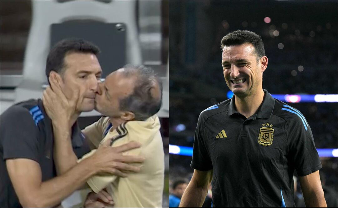 Lionel Scaloni fue besado en la boca por su utilero Marito. FOTO: Captura / AFP